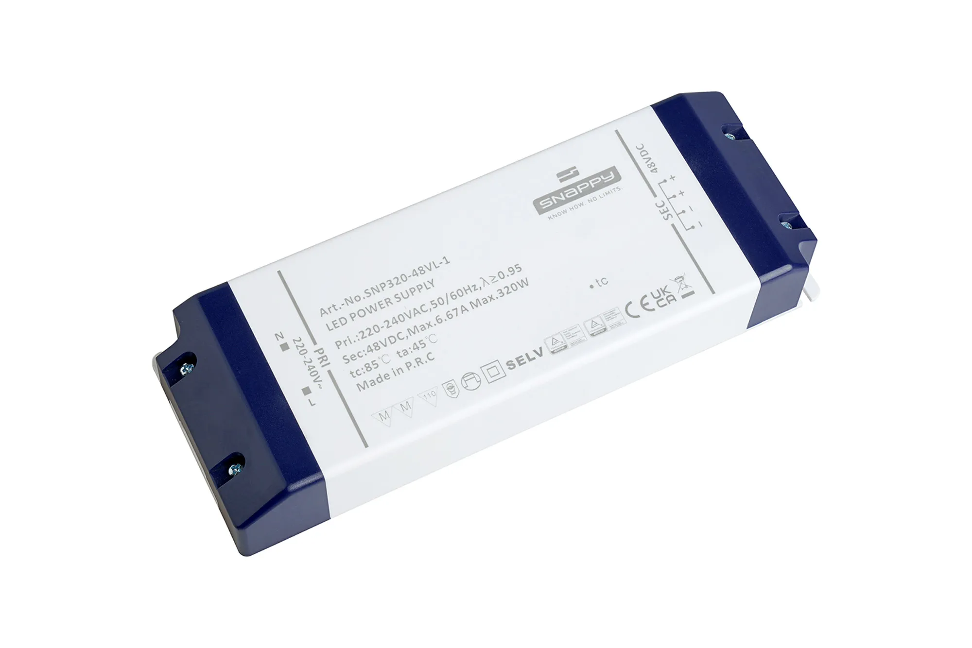 SNP320-48VL-1  SNP, 320W, Constant Voltage Non Dimmable PC LED Driver,48VDC, 6.67A, Pf>0.95, TC:+85°, TA:45°, IP20, Effi>85%, Screw Connection, 5yrs Warranty.